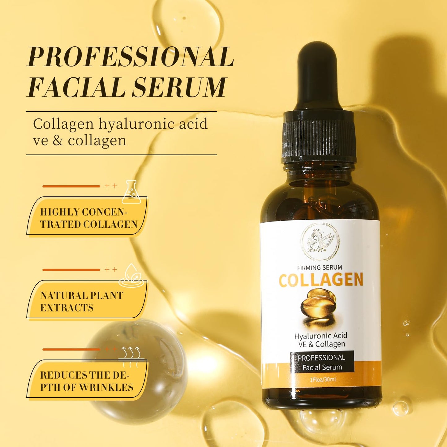 RaNa Facial Serum. Collagen Hyaluronic Acid with Vitamin E, Lifting, Moisturizer, Whitening, Nourishing